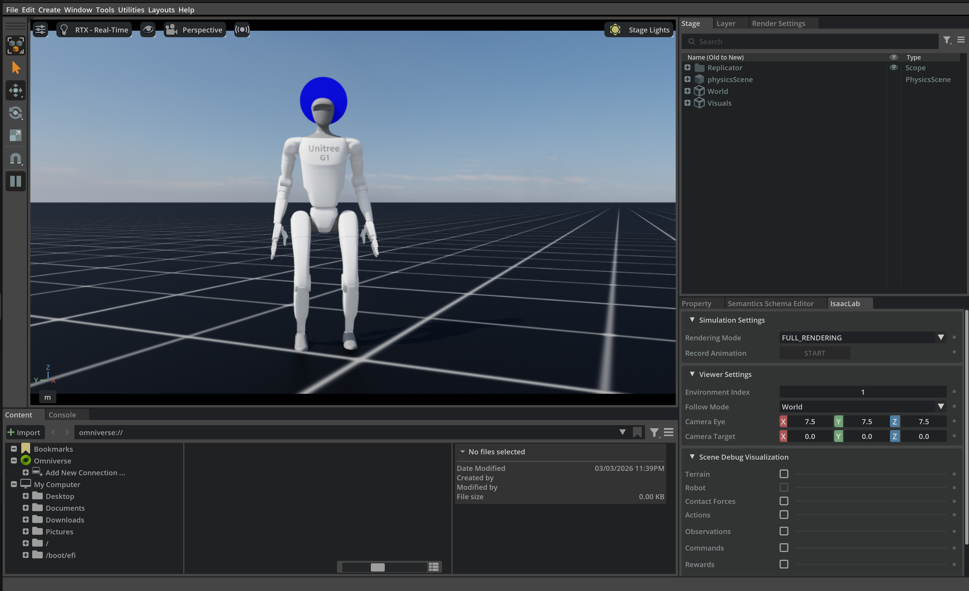 G1 humanoid standing on flat terrain